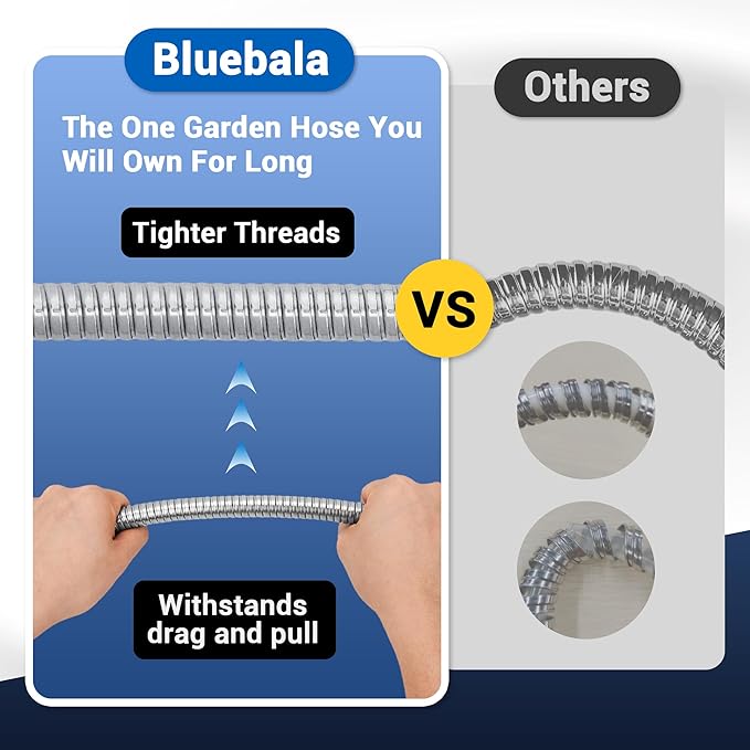 100 FT Stainless Steel Garden Hose – Long Reach 304 Steel Metal Water Hose, No-Kink, Leak-Proof Swivel Fittings, Puncture Resistant, 8-Pattern Nozzle for Large Yards, Driveways, Farm Tasks