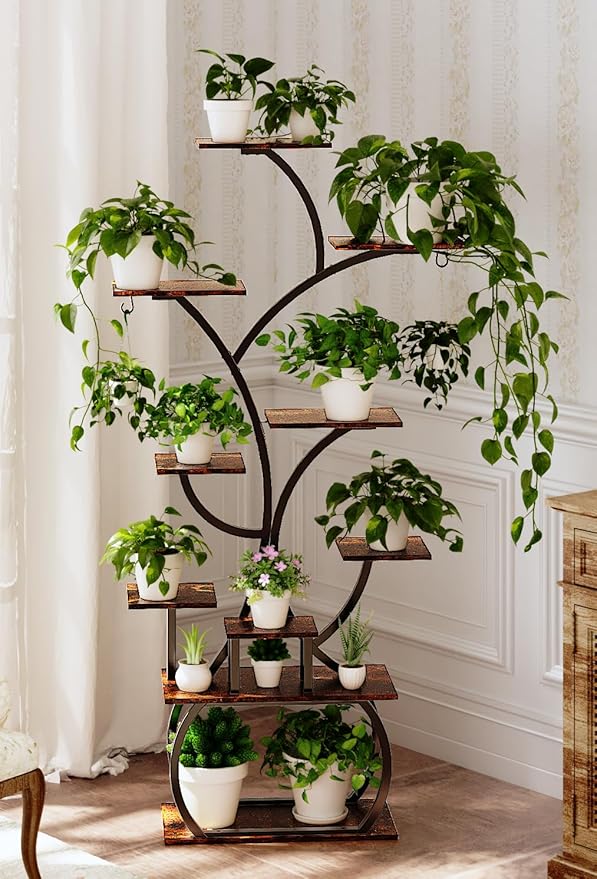 VINGLI 61" Tall Plant Stand with Grow Light, 10-Tier Indoor Plant Shelf with LED Light Strips, Tree-Shaped Metal Rack for Indoor Growing, Black