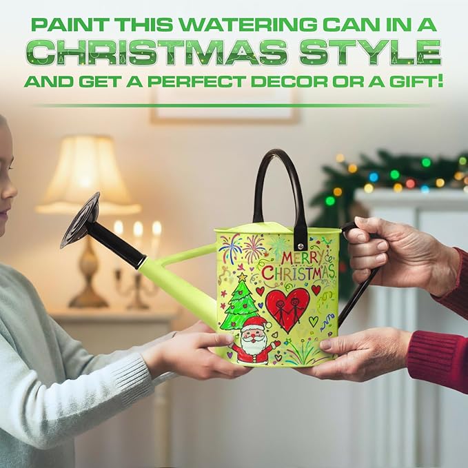 Plexon 1 Gallon Metal Watering Can Outdoor, Flower Plant Gardening Garden Large Green Watering Can Pot, Galvanized Steel Handles - Removable Spray Spout, Green