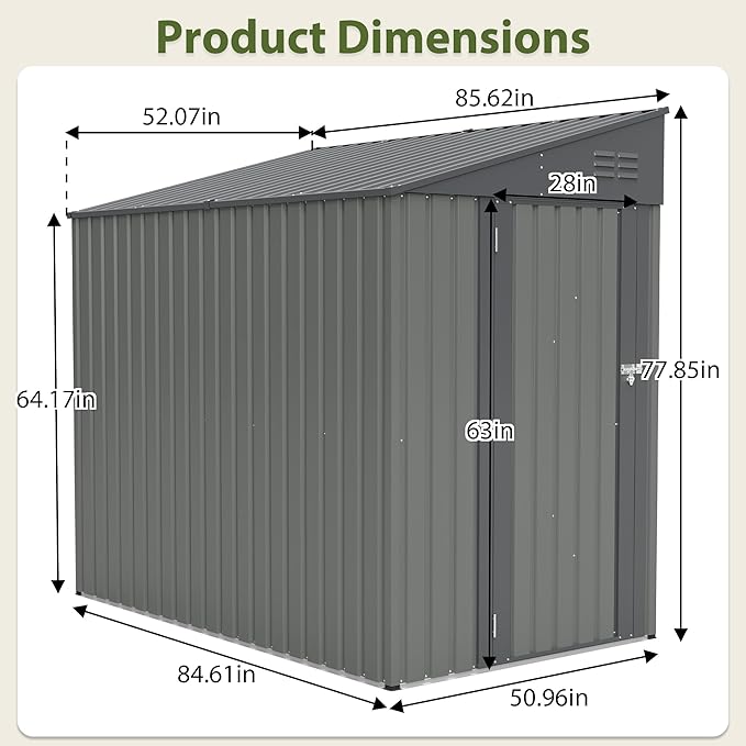 4×7 FT Outdoor Metal Storage Shed,Heavy-Duty Lean to Storage Shed with Lockable Door and Reinforced Beams,All Weather Waterproof Storage House W/2 Air Vents,for Backyard,Patio,Lawn,Gray