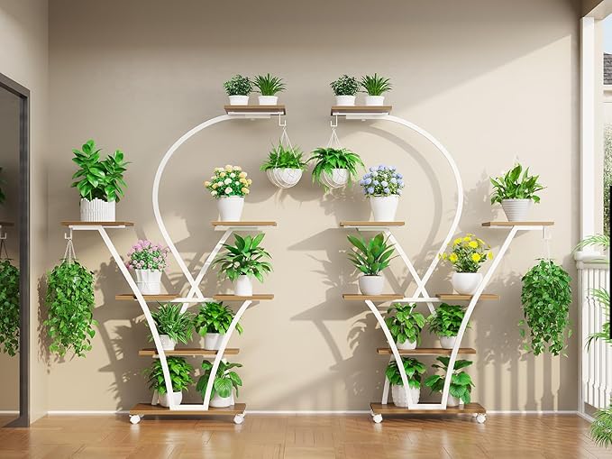 Itaar Plant Stand Indoor with Grow Light, 2-Pack 64" Tall Plant Shelf, 7 Tiered Corner Plant Stand with Wheels, Large Plant Rack Display Shelves, Curved Plant Holder for Living Room, White