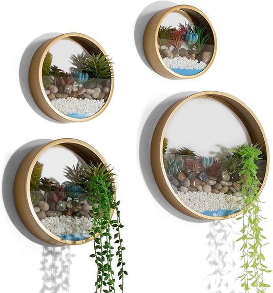 Gold Metal Wall Planter Set of 4, Indoor Metal Hanging Planter with 10Pcs Artificial Succulents Wall Decor Round Succulent Planters Air Plant Pots Container for Cactus Home Office Decor