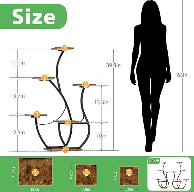CODACE Plant Stand Indoor with Grow Lights - 2 PCS Indoor Plant Shelf, 6 Tiered Corner Plant Stands for Indoor Plants, Swan-Shaped Plant Holder, Metal Flower Display Rack for Living Room (Black)