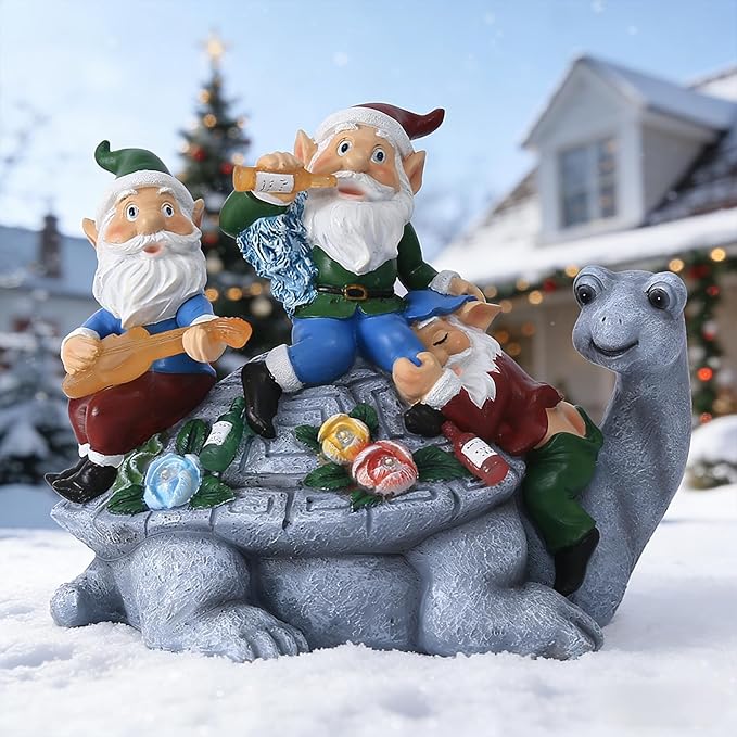 Christmas Gnomes Outdoor Statue Three Gnomes Having Party on Turtle with 7 LED Solar Figurine for Garden Lawn,Patio,Yard Decor Unique for Grandfather, Father,Grandma,Wen
