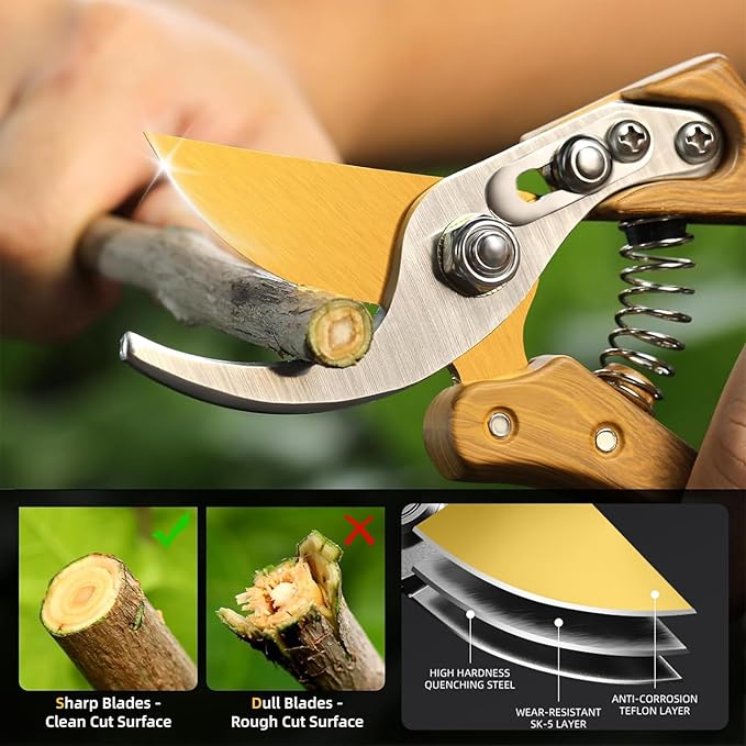 2 Pack Garden Pruning Shears, Heavy Duty Garden Scissors & Clippers for Wood & Tree Trimming, Safety Lock, for Cutting Flowers, Trimming Plants, Picking Fruits (Gold)