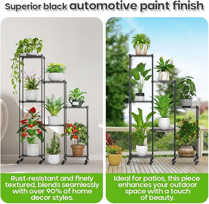 Abimars 59'' Plant Stand with Wheels, Shelf Height Adjustable Metal Plant Shelf for 7 Potted Plants, DIY Assembly Indoor & Outdoor Plant Display Rack