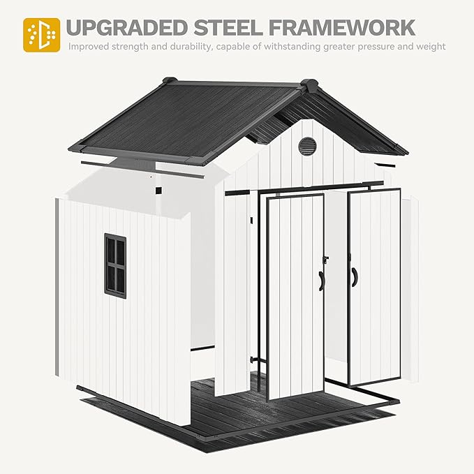 DWVO 8x8 FT Outdoor Storage Shed, 359 cuft Plastic Storage Shed with Lockable Door & Floor, All-Weather Tool Garden Shed with Window & Vent for Patio Furniture Bike Lawn Mower Pool Supplies, Gray