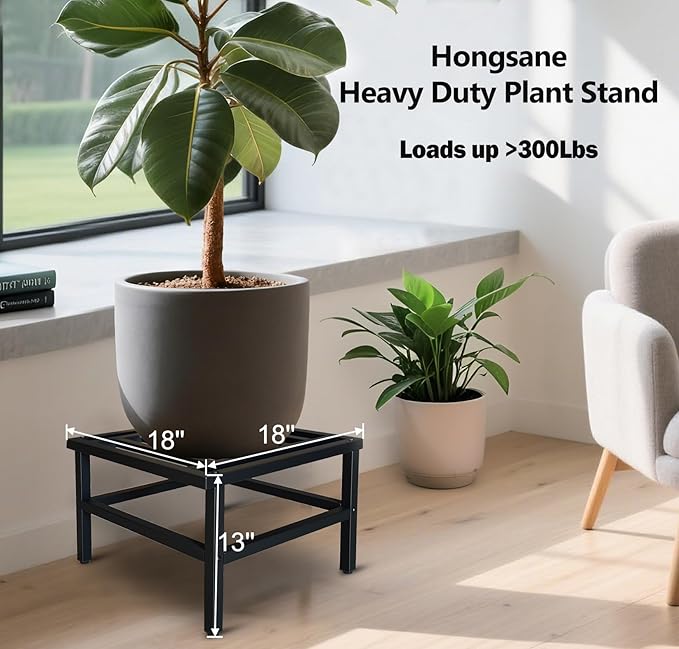 Plant Stand Indoor Outdoor,18 Inch Square Metal Plant Stands Riser,Heavy Duty Wrought Iron Pedestal Holders for Large Flower Pot,Outside Rust-Proof Black Flower Display Shelf for Patio,1-Pack