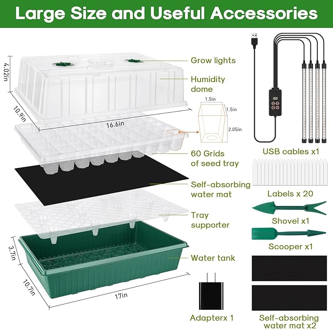 BlumWay Self-Watering Seed Starter Tray Kit with Grow Light and Humidity Dome, 3 Color Growing Light,120-Cell Plant Seedling Tray,Reusable Germination Trays,Adjustable/Timed Light Plant Starter Set