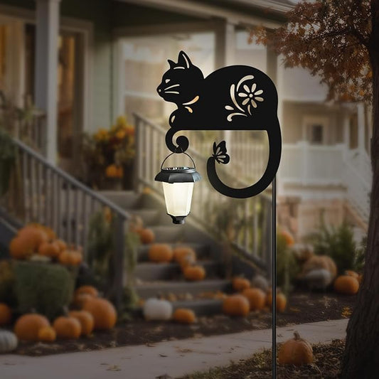 Metal Black Cat with Solar Lantern Garden Stake,Outside Decorations for Yard,Solar Lights for Pathway,Yard Unique,Women Gifts