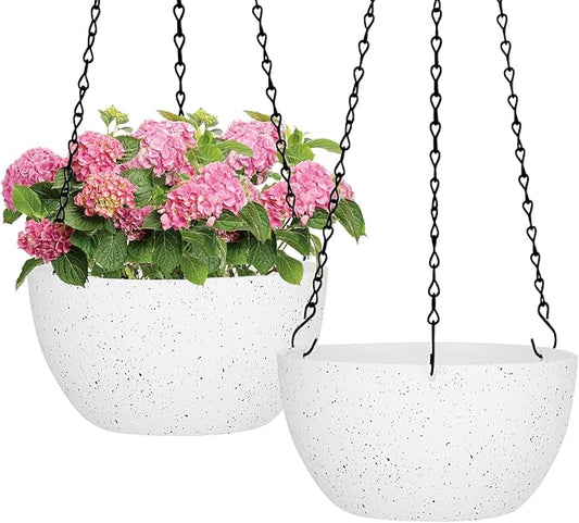 13 inch Hanging Planters for Indoor Outdoor Plants, 2 Pack Hanging Pots with Drainage Holes and Chain, Plastic Hanging Flower Pots for Garden Home Decor, Speckled White