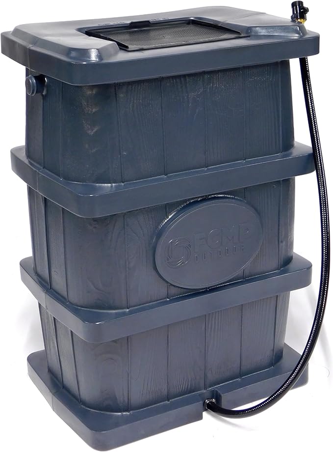 FCMP Outdoor Slim Line Design 45-Gallon Wood Grain Outdoor Home Rain Water Catcher Barrel Flat Back Container with Spigots and Mesh Screen, Grey