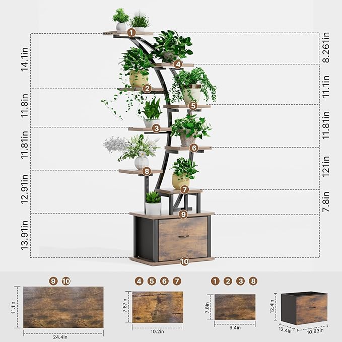 10-Tier Tall Plant Stand Indoor with Grow Lights, 65" Corner Plant Shelf with Storage Drawer, Metal Plant Rack for Multiple Plants, Waterproof & Sturdy Display Holder for Living Room, Patio