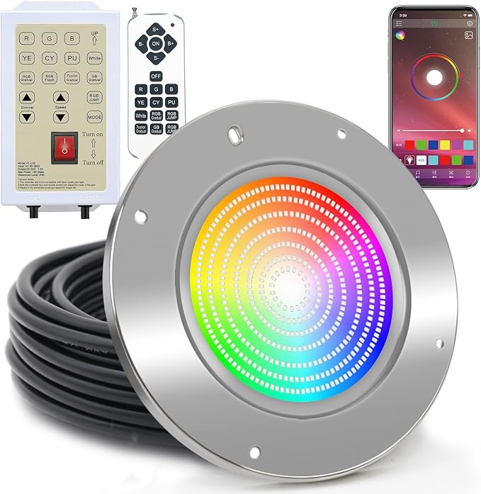 LED Pool Lights for Inground Pool, 60W 50Ft 10 Inch Pool Light with 3 Control Way (App/Remote/Manual Controller), Underwater Swimming Pool Spa Light Replacement, Fit for 10” Wet Niche, 50 Ft Cord