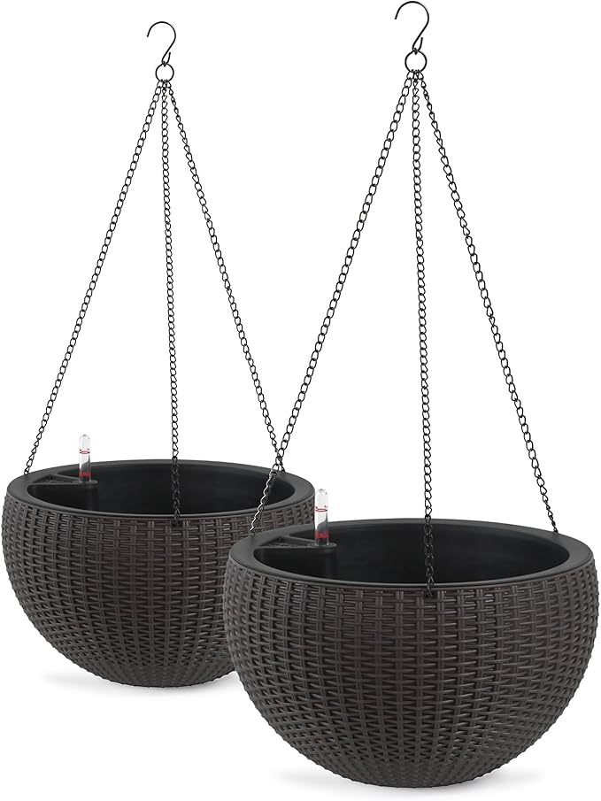13.5 inch 2Pack Large Hanging Planters for Outdoor/Indoor Plants, Self Watering Hanging Pot with Water Level Indicato, Drainage Holes and Chain for Garden Porch, Brown