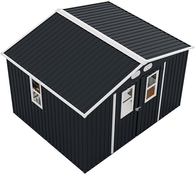 8x10 SF Outdoor Storage Shed,Metal Shed with Lockable Doors & 4 Daylight Windows,Garden Tool Shed w/Air Vents & Sloped Roof, Ideal for Backyard,Patio,Lawn,Dark Gray
