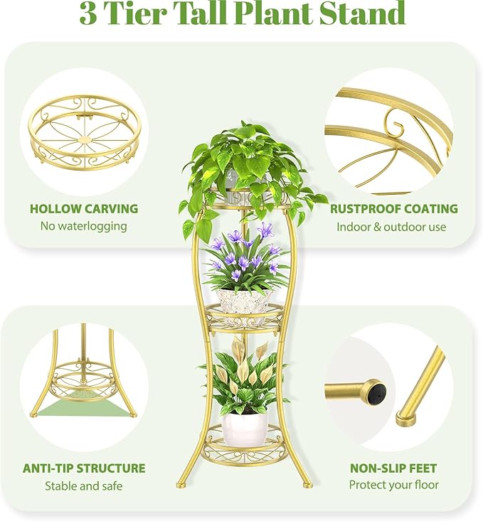 iDavosic.ly 3 Tier Tall Metal Plant Stand Indoor Outdoor, Wrought Iron Corner Flower Pot Holder Shelf, 34 Inch Vertical Display Rack for Patio Porch Living Room Garden, Gold
