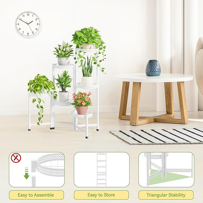 iDavosic.ly Plant Stand Indoor Outdoor, 6 Tier Corner Metal Flower Display Holder Shelf, Easy Assembly Folding Tall Orchid Rack for Patio Balcony Porch Garden Living Room House, Wrought Iron - White
