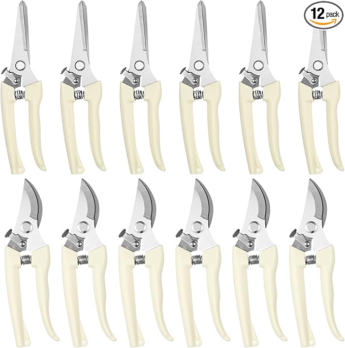 12 Pcs Garden Shears Flower Scissors Pruning Shears Floral Garden Clippers Hand Pruners Branch Cutter Gardening Tools for Plants Cutting, Trimming, Fruits Picking(Bypass, Straight)