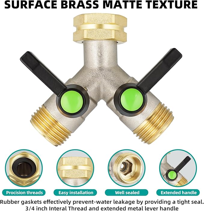 Hose Splitter 2 Way, Brass High Flow Garden Hose Splitter Heavy Duty, Hose Connector, Water Spigot Splitter, Full Flow Faucet Splitters with shutoff, 3/4” GHT Inlet