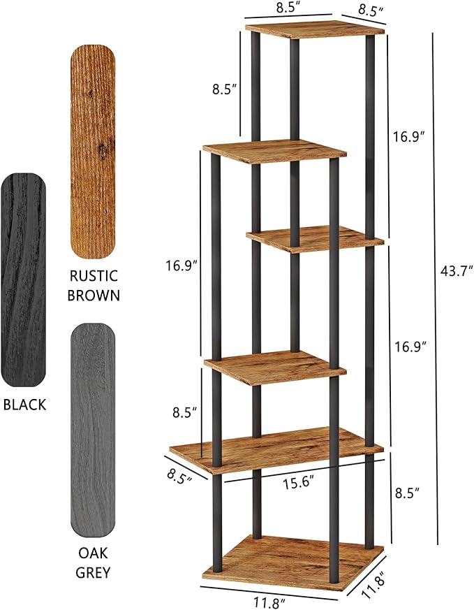 Tall Plant Stand Indoor, 6-Tier Modern Plant Shelf for Multiple Plants, Wood Metal Flower Holder for Living Room Balcony Bedroom, Rustic Brown