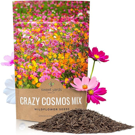 Sweet Yards Cosmos Seeds Wildflower Mixture - Bulk Quarter Pound Bag Over 20,000 Seeds - Pink, Yellow, Orange, Red, Purple and White Mixed Species - 7 Varieties Premium Quality for Planting Outdoors