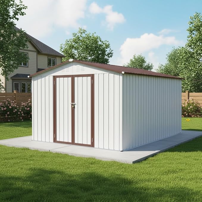 10x12 FT Storage Shed,Metal Aluminum Garden Shed,with Punched Vents,Waterproof Cabinet w/Hinged Door and Padlock,Tool House for Storing Bicycles,Lawnmowers,Barbeques,White+Coffee