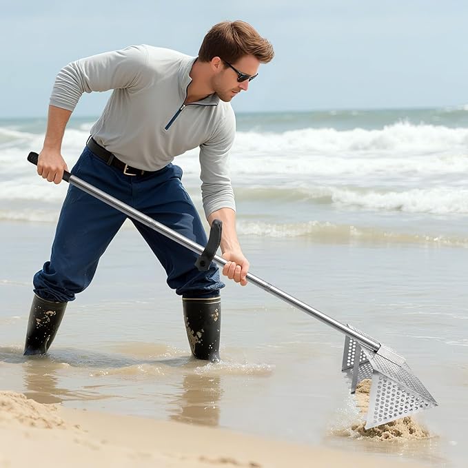 SAN LIKE Sand Scoop for Metal Detecting Stainless Steel Sand Sifter Shovel 52.4in Long Handle Sand Scoop with Shovel for Metal Detecting Sand Sifter for The Beach Sand Flea Rake for Beach