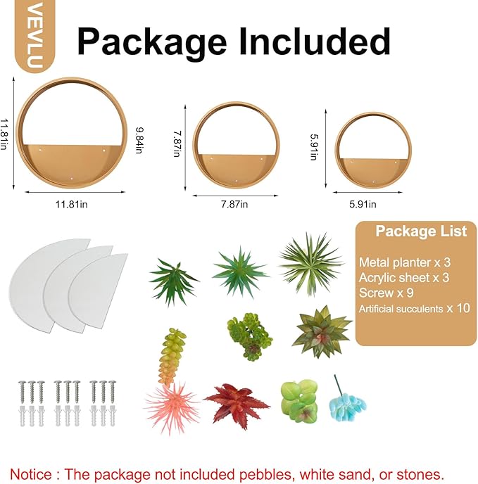 Gold Metal Wall Planter Set of 3, Indoor Metal Hanging Planter with 10Pcs Artificial Succulents Wall Decor Round Succulent Planters Air Plant Pots Container for Cactus Home Office Decor