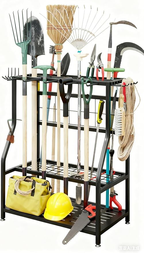 Garden Tool Organizer Holder Heavy Duty Steel Rack Up to 60 Long Handled Tools for Garage Shed Outdoor Garden Yard Black