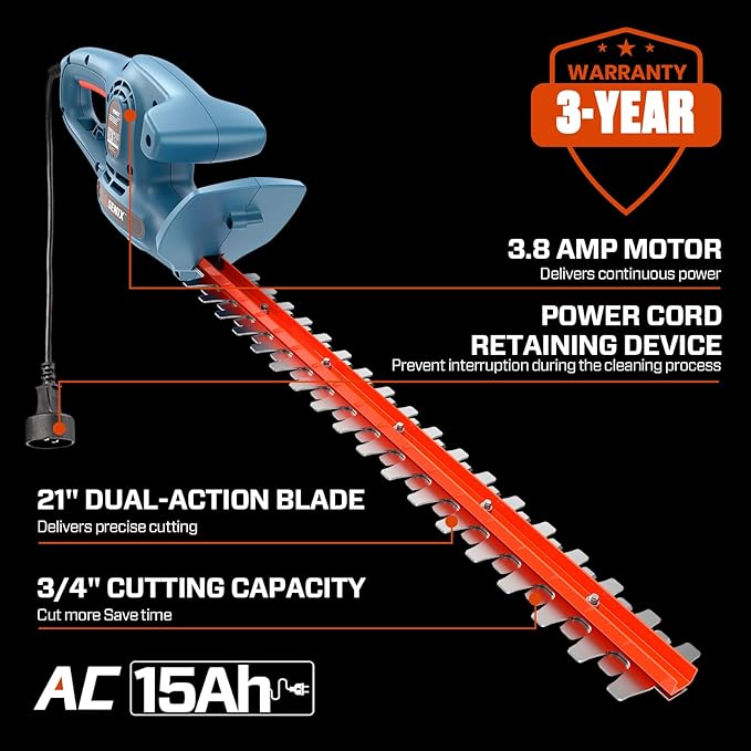 SENIX HTE3.8-L 120V 3.8 Amp 21-Inch Corded Electric Hedge Trimmer,Garden Tool to Trim Shrubs,Bushes,Double Sided Dual Action Blades,3/4" Cutting Capacity,Includes Blade Cover