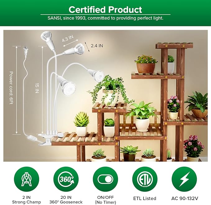 SANSI LED Grow Lights for Indoor Plants, 600W Full Spectrum Clip-on Gooseneck Grow Light with Ceramic Tech.,40W Plant Light for Indoor Growing High PPFD, Lifetime Free Bulb Replacement White, No Timer
