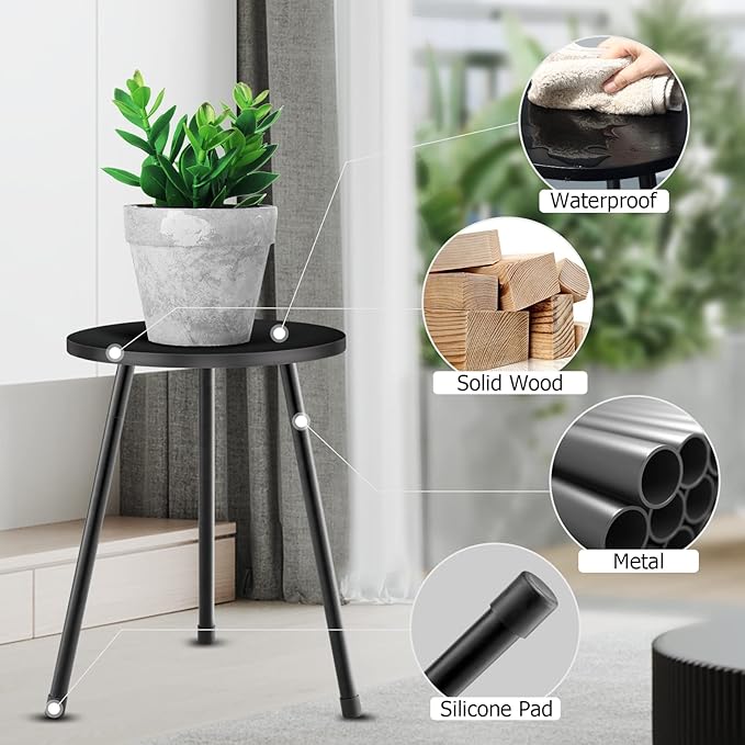 Black Plant Stand Indoor Set of 2, Mid Century Wood Plant Table for Flower Pots, Metal Plant Holder, Modern Home Decor Small Round Side End Table (11.8"x16")
