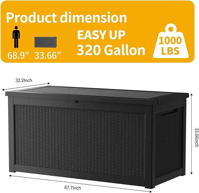 Extra-Large 320 Gallon Outdoor Storage Bin - Waterproof Resin Deck Box for Pool, Patio & Garden, Lockable Outdoor Deck Box for Cushions & Tools, UV-Resistant, Jet Black