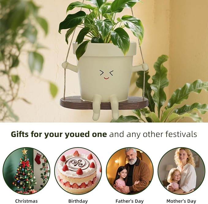 Swing Face Planter Pot Hanging Cute Flower Head Planter Without Hole, Unique Sitting Sway Pots for Indoor/Outdoor Plants, Succulent & String of Pearls Planters for Mother