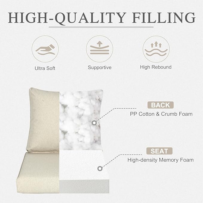 Aoodor 24" x 24" Patio Deep Seat Cushion Set, Water Resistant & Fade Resistant Outdoor Furniture Cushions with Adjustable Straps for Patio, Deck, Garden, Set of 2, Khaki
