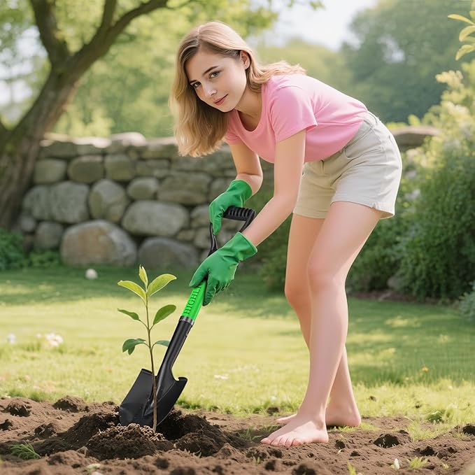 HIGHLIGHT Kids Shovel, Small Shovels for Digging, Overall Length 28 Inches, Mini D Handle, Gardening Shovel, Metal Beach Shovel, Camping, Snow, Fiberglass Handle, Green