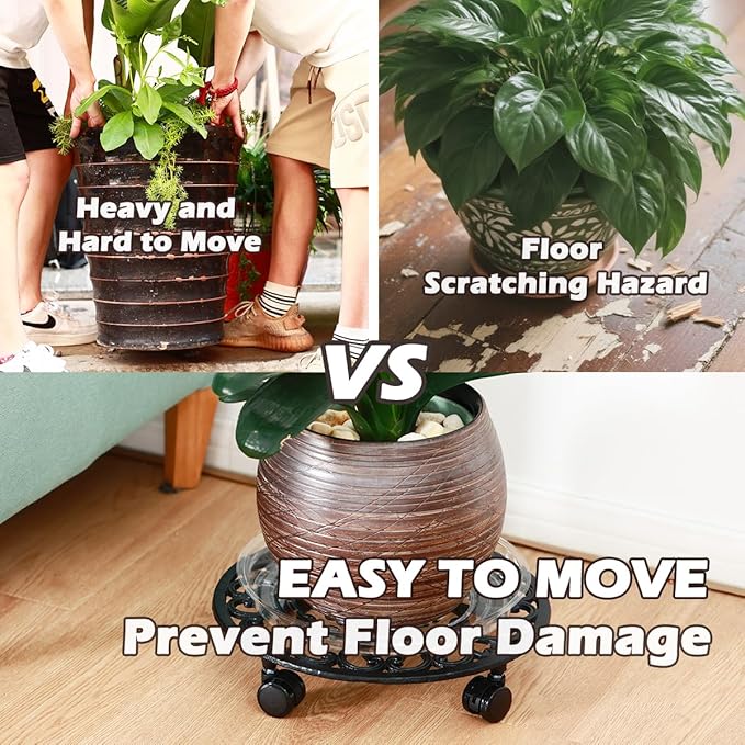 2 Packs 14 Inch Rolling Plant Stand with Wheels Metal Plant Caddy with Wheels Heavy Duty Round Plant Stand Indoor Iron Plants Rollers for Plants, Plant Dolly with Plant Saucers