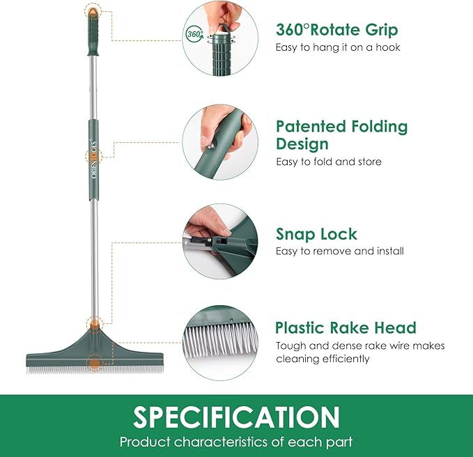 ORIENTOOLS Artificial Turf Rake, 51" Foldable Artificial Grass Rake with Adjustable Steel Handle, Lawn Broom Brush for Astroturf, Carpet Pet Hair, Grass Leaves and Debris