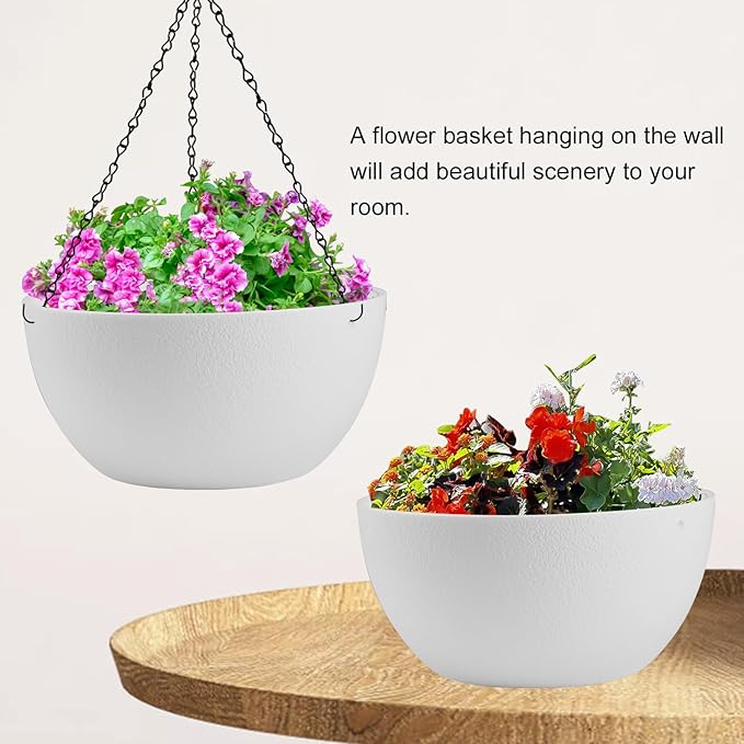 Enenes 2 Pack 13 Inch Large Hanging Planters Outdoor Indoor Round Flower Pots with Drainage Holes and Chain Decorative Hanging Baskets for Garden Porch Balcony Home Decor