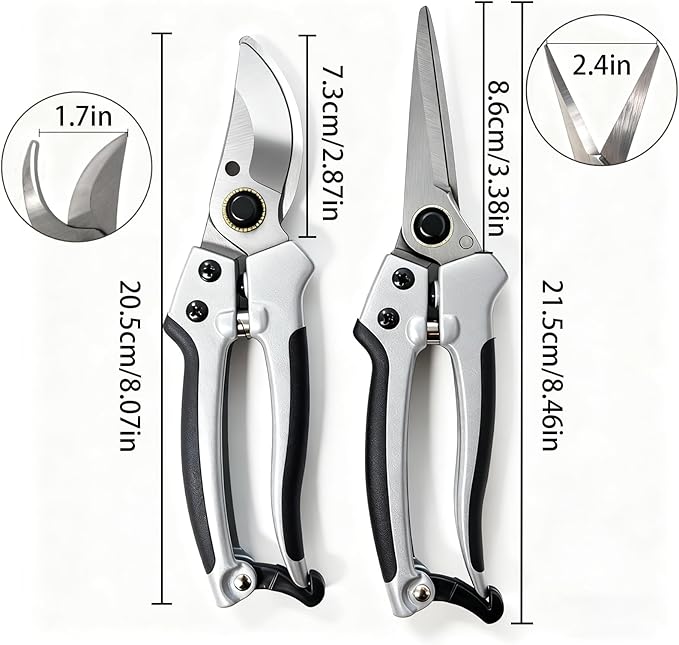 2 Pack Garden Pruning Shears, Heavy Duty Garden Scissors & Clippers for Wood & Tree Trimming, Safety Lock, for Cutting Flowers, Trimming Plants, Picking Fruits (Black and white)