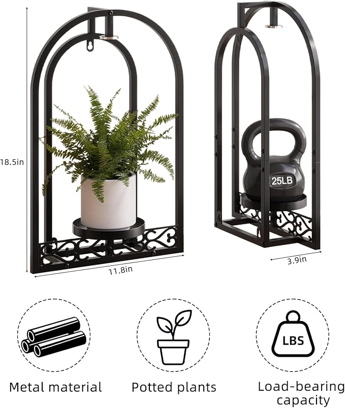 Wall Planter Holder with Light, Metal Arch Frame Hanging Plant Stand with Grow Lights, Modern Black Iron Wall Decor for Indoor Outdoor Living Room, Balcony & Garden 2 Pack Black