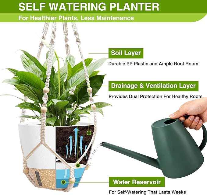 Set of 2 Hanging Planters for Indoor Plants with Self Watering Includes Hanging Pots and 2 Types Plant Hangers, Outdoor Hanging Baskets Holder for Home Garden, 10 Inch Oyster White
