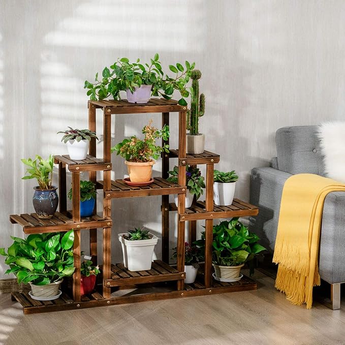 Giantex Flower Rack Wood Plant Stand Wood Shelves Bonsai Display Shelf Indoor Outdoor Yard Garden Patio Multifunctional Storage Rack Bookshelf W/Hollow-Out Rack (47.5”Lx 10’’Wx 38’’H (6 Tier))