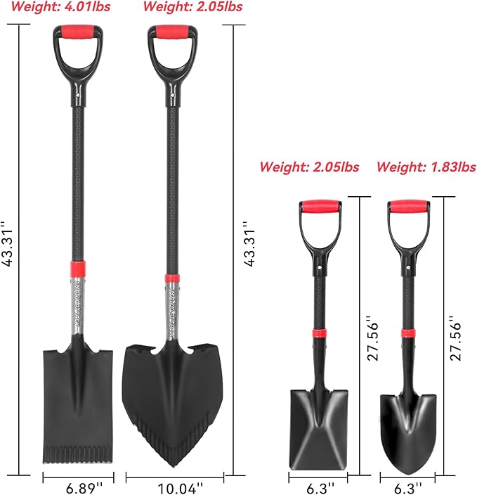 SHARK ATTACK 5-Piece Steel Shovel Set with D-Grip Handles Sifting Shovel- Multi-Size Garden Shovels with Powder Coating for Digging, Planting & Car Emergency