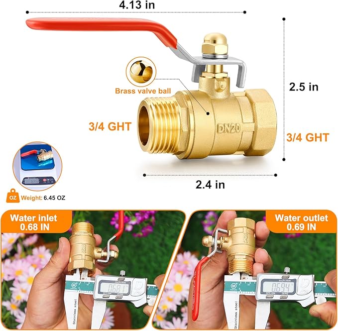 Full Flow Garden Hose Shutoff Valve, Heavy Duty Brass Shutoff Valve Hose Connector, Outdoor 3/4 Inch GHT Tube End Fitting Switch （3/4"GHT valve Long Handle）