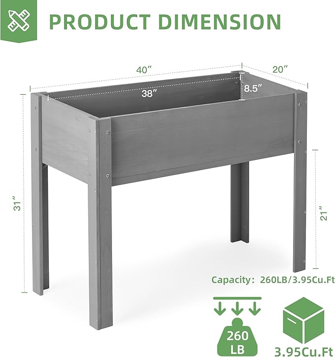 40x20x31 inch Raised Garden Bed with Legs, Elevated Wooden Planter Box for Outdoor Plants Flowers Fruits Vegetable Herb Growing