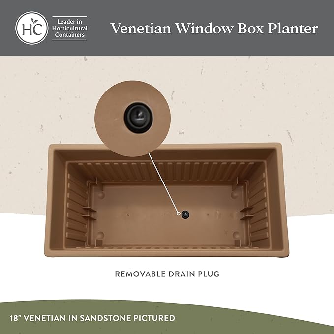 The HC Companies Venetian Window Planter Box w/Drain Plug - Long Planter Box for Windowsills, Balconies & More - Plastic Rectangular Outdoor Planters for Herbs & Flowers (18" White, Pack of 1)