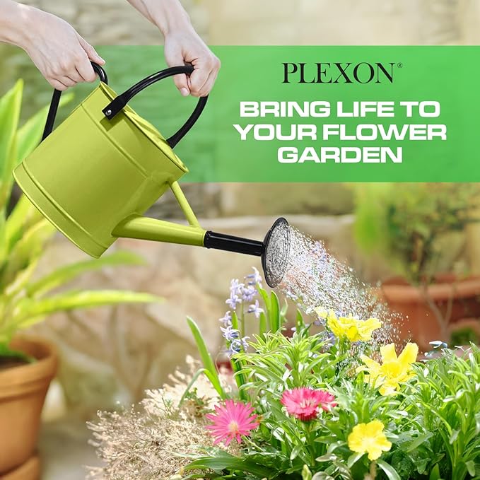 Plexon 1 Gallon Metal Watering Can Outdoor, Flower Plant Gardening Garden Large Green Watering Can Pot, Galvanized Steel Handles - Removable Spray Spout, Green