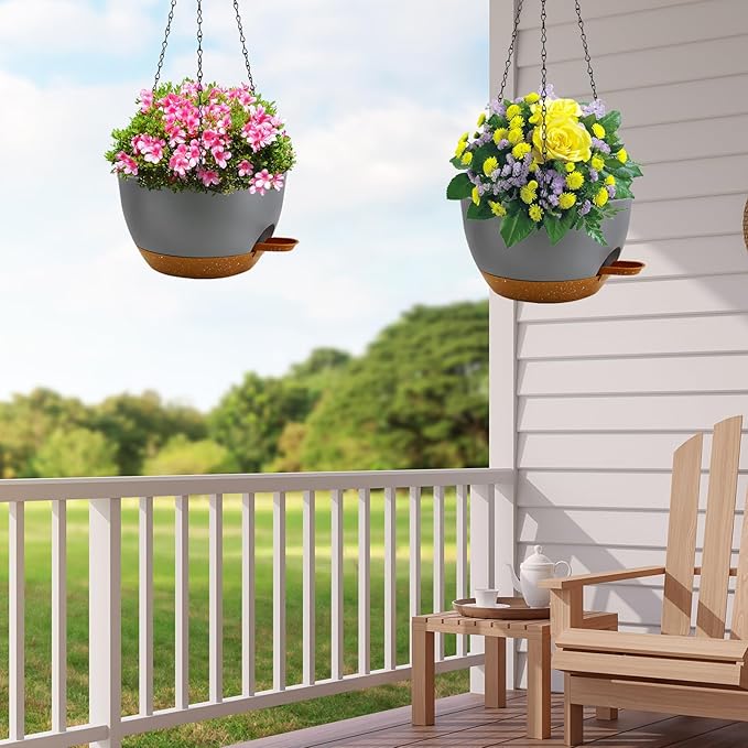 3 inch Hanging Planters for Indoor Plants, 3 Pack Self-Watering Hanging Planter Pots with Chain and Drainage Holes, Outdoor Plastic Hanging Baskets for Garden Home Decor (Grey With Brown, 3pcs/10inch)